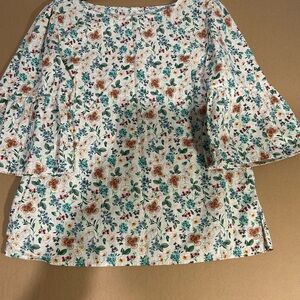 Time and Tru White Floral Bell-Sleeve Blouse